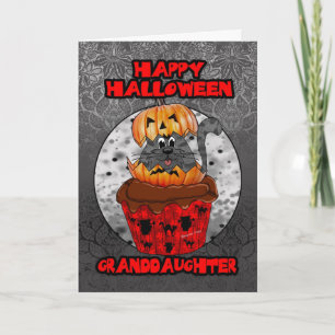 Carte petite-fille halloween cupcake cat, tabby gris