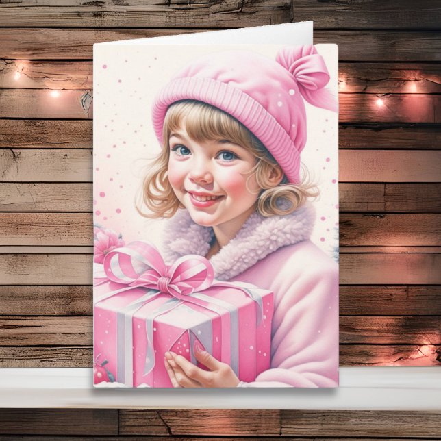 Carte Petite fille mignonne en rose Noël rétro (Créateur téléchargé)