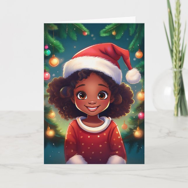Carte Petite fille noire Noël chapeau de Noël (Devant)