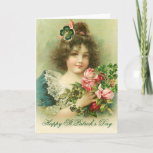 Carte Petite fille Rose et Shamrock St.Patrick's Day