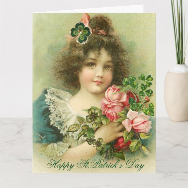 Carte Petite fille Rose et Shamrock St.Patrick's Day (Devant)