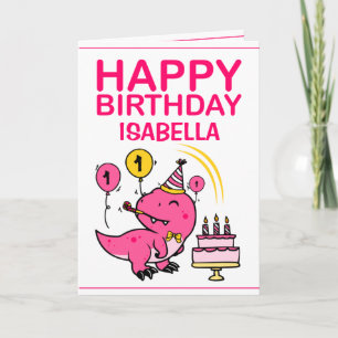 Carte Petite-fille rose T-Rex Dino 1er anniversaire