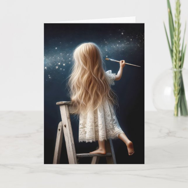 Carte Petite fille sur une échelle Peinture étoiles (Devant)