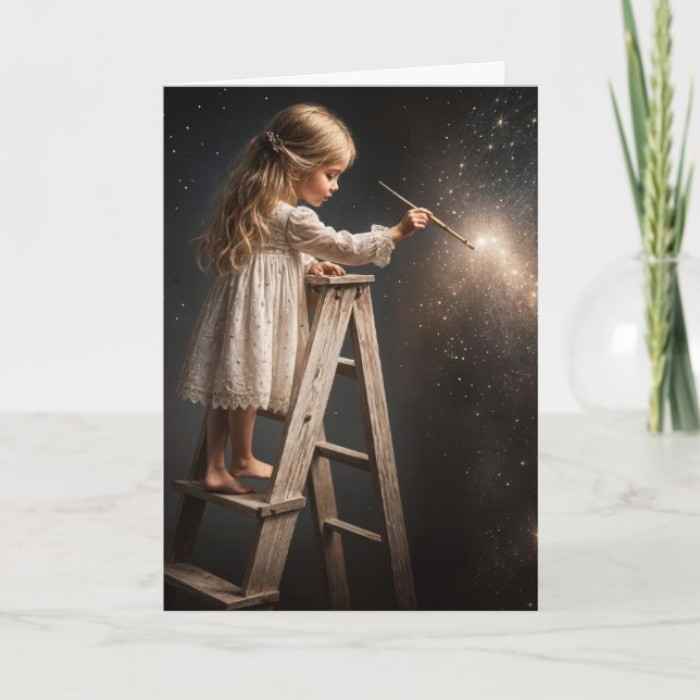 Carte Petite fille sur une échelle Peinture étoiles (Devant)