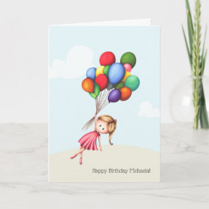 Carte Petite fille tenant de grands ballons Anniversaire