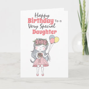 Carte Petite fille tenant des ballons voeux d'anniversai