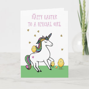 Carte Petite fille Unicorn voeux de Pâques avec les pous