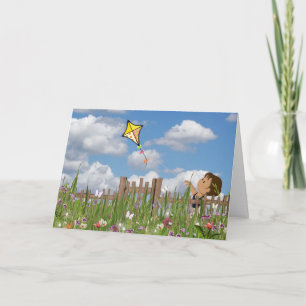 Carte petite fille volant cerf-volant dans le jardin d'é