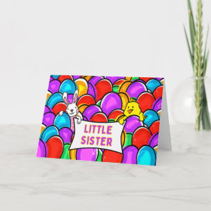 Carte Petite soeur de Pâques Oeufs colorés Lapin et pous