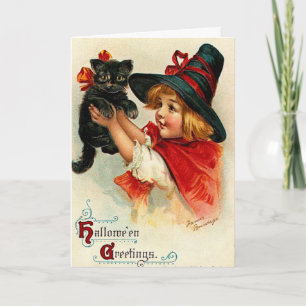 Carte Petite sorcière vintage faite sur commande et chat