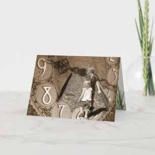 Carte petites filles sur les voies ferrées face à l'horl