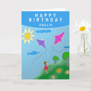 Carte Petits cerfs-volants et filles Dessin Joyeux anniv