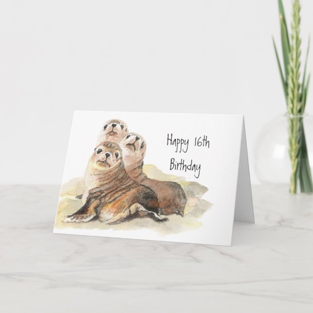 Carte Phoques mignons 16e anniversaire Aquarelle Animaux (Devant)