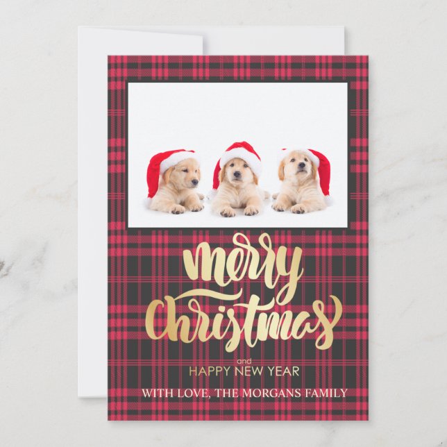 Carte Photo à carreaux rouge et noir avec joyeux Noël en (Devant)