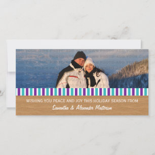 Carte photo à rayures rustiques violette et aqua