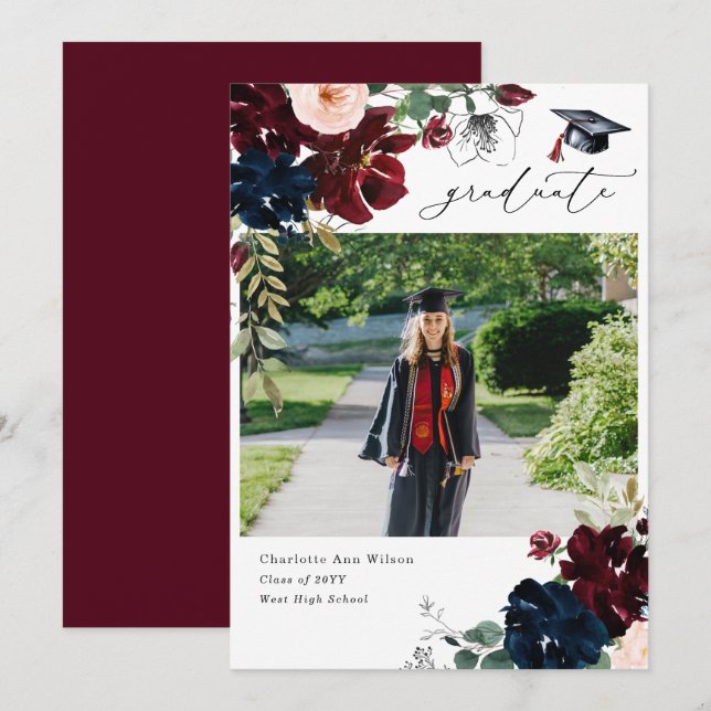 Carte Photo Annonces de Graduation Florale Bourgogne (Devant / Derrière)