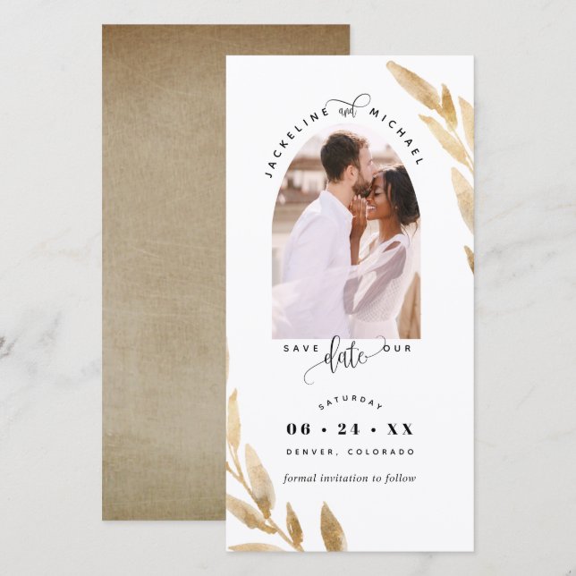 Carte Photo Arch, Gold Wedding Enregistrer la date Signe (Devant / Derrière)