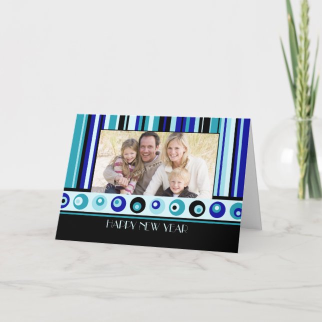 Carte Photo Bonne Année Rayures Bleues (Devant)