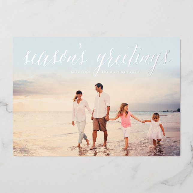 Carte photo Bonnes Fêtes en argent | Bleu glacé (Recto)