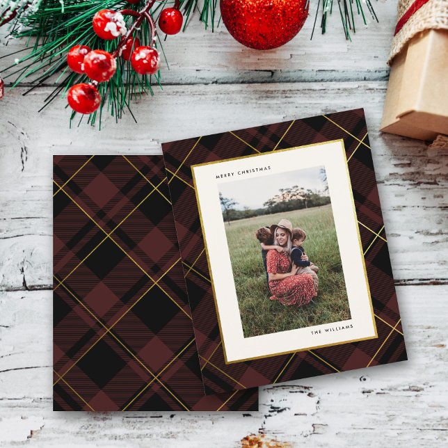 Carte photo Budget Gold & Dark Red Tartan Christma (Créateur téléchargé)
