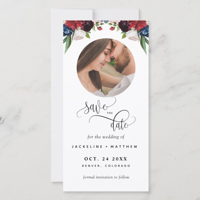 Carte Photo Burgundy Blue Wedding Enregistrer La Date Si (Devant)