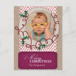 Carte photo Burlap et Red Chevron Christmas