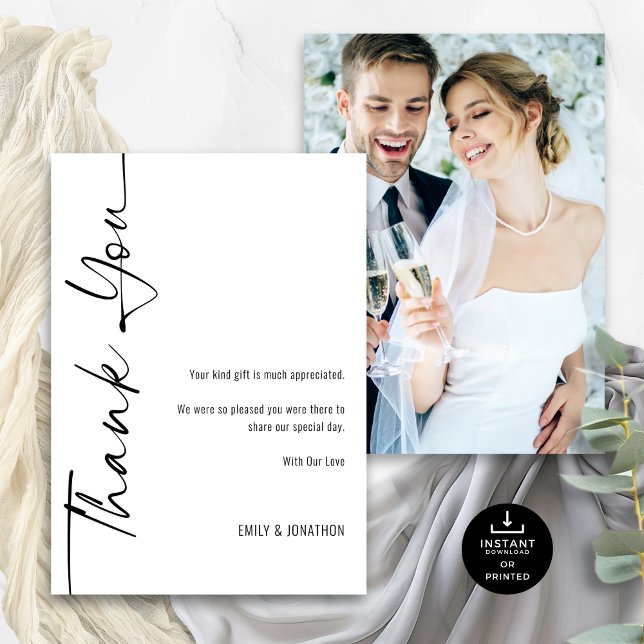 Carte Photo Calligraphie noir blanc Mariage Merci (Front and back view)