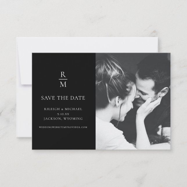 Carte Photo chic Noir Monogramme Mariage Enregistrer la  (Devant)