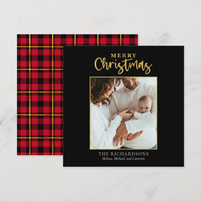 Carte Photo Christmas Gold Foil Script Famille moderne (Devant / Derrière)