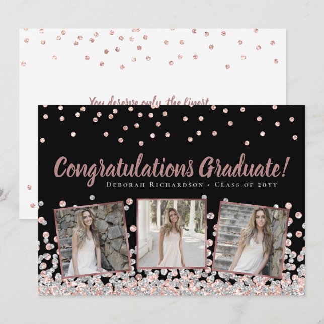 Carte Photo Collage Rose Gold Silver Graduation (Devant / Derrière)