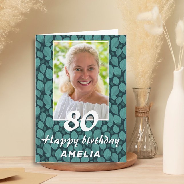 Carte Photo d'anniversaire 80 ans motif feuille turquois (Créateur téléchargé)