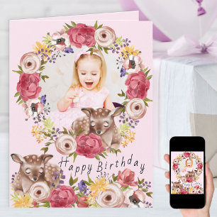 Carte Photo dans Floral Wreath Woodland Deer Pink Annive