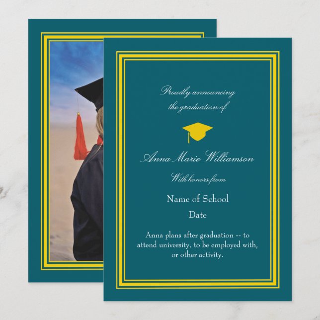 Carte Photo - Dark Cyan Proudly Announcing Graduation (Devant / Derrière)