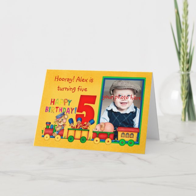 carte photo de 5e anniversaire avec train de jouet (Devant)