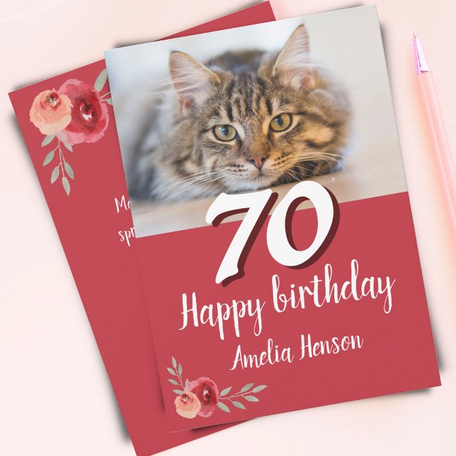 Carte Photo de chat à la rose aquarelle rouge 70e annive (Créateur téléchargé)