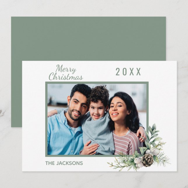Carte Photo de famille de Noël blanc cône pin moderne (Devant / Derrière)