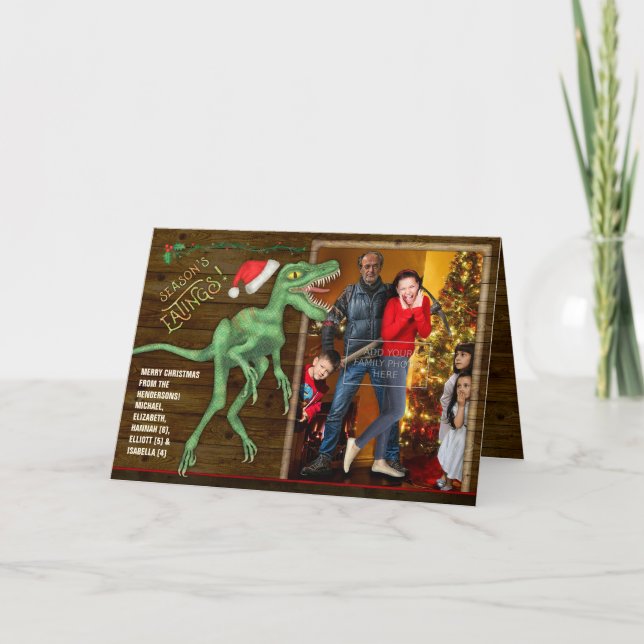 Carte photo de famille de Noël | Velociraptor drôl (Devant)