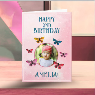 Carte Photo de fête d'anniversaire de fille au papillon