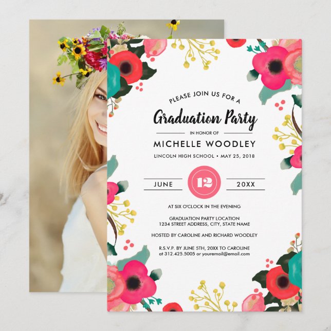 Carte photo de l'invitation de graduation florale  (Devant / Derrière)