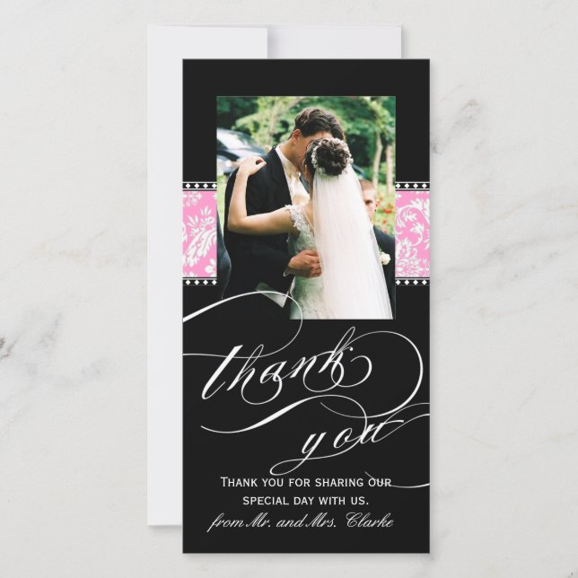 Carte photo de Merci de Mariage damassé rose noir (Devant)