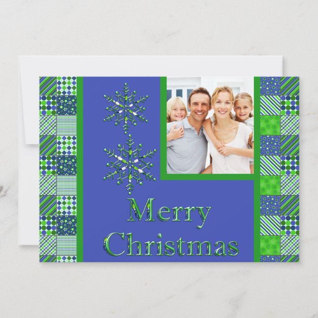 Carte photo de Noël à carreaux vert et bleu (Devant)