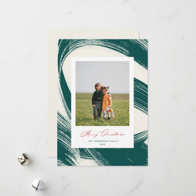 Carte photo de Noël Abstraite peinte en vert (Devant/Arrière en situation)