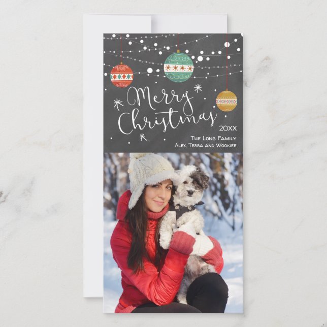 Carte photo de Noël avec ornements sur tableau noi (Devant)