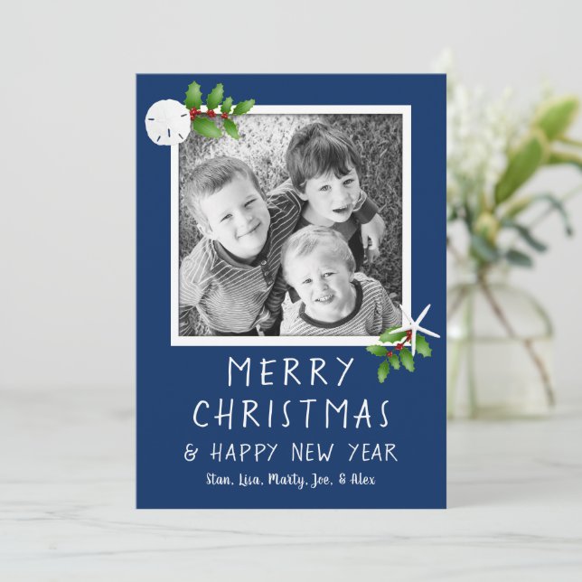 Carte photo de Noël bleu tropical de la Marine (Debout devant)