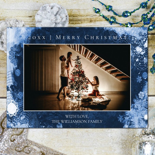 Carte photo de Noël Blue Frosted Snowflakes (Blue Frosted Snowflakes Christmas Photo Card)