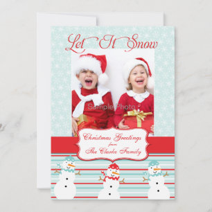 Carte photo de Noël Blue Red Snowman