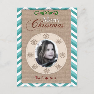 Carte photo de Noël Burlap et Aqua Chevron