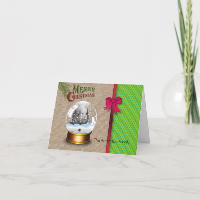 Carte photo de Noël Burlap Green Honeycomb (Devant)