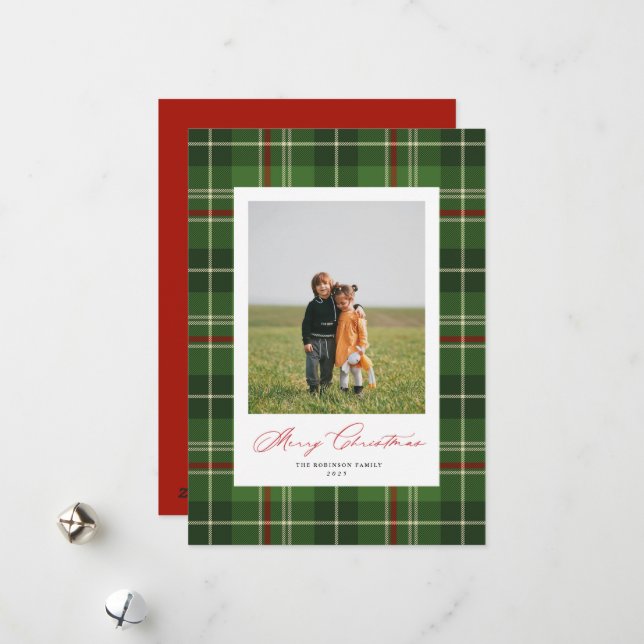 Carte photo de Noël classique Tartan vert (Devant/Arrière en situation)