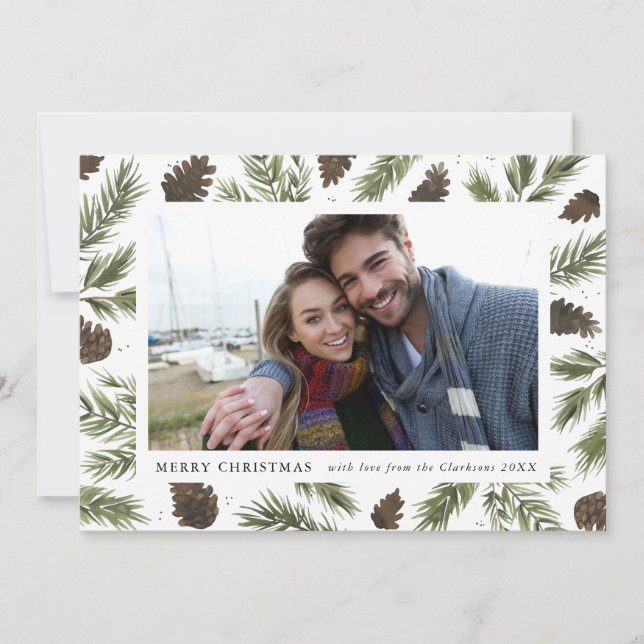 Carte photo de Noël de brins de pin d'aquarelle (Devant)